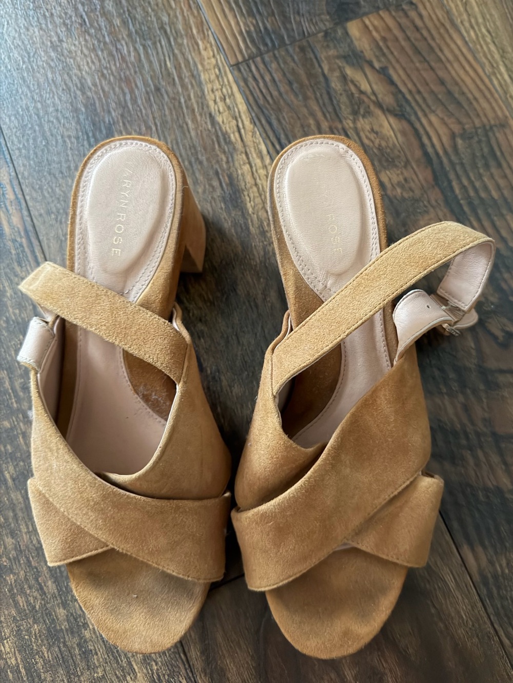Taryn Rose Suede Tan Wanda Crossover Block Heel Mules